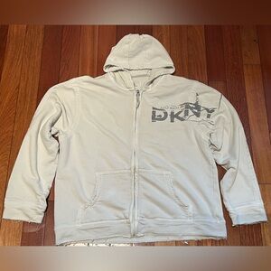 DKNY Crive Off-White Zip Hoodie with Logo Print and frayed edges